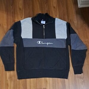 Vintage Champion Men's Black and Gray Zip-Up Sweater